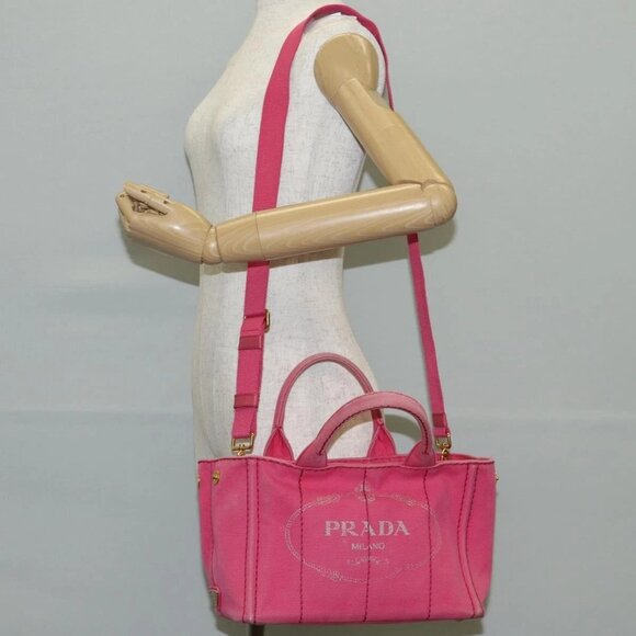 PRADA Canapa PM Hand Bag Canvas Pink Auth ti3399